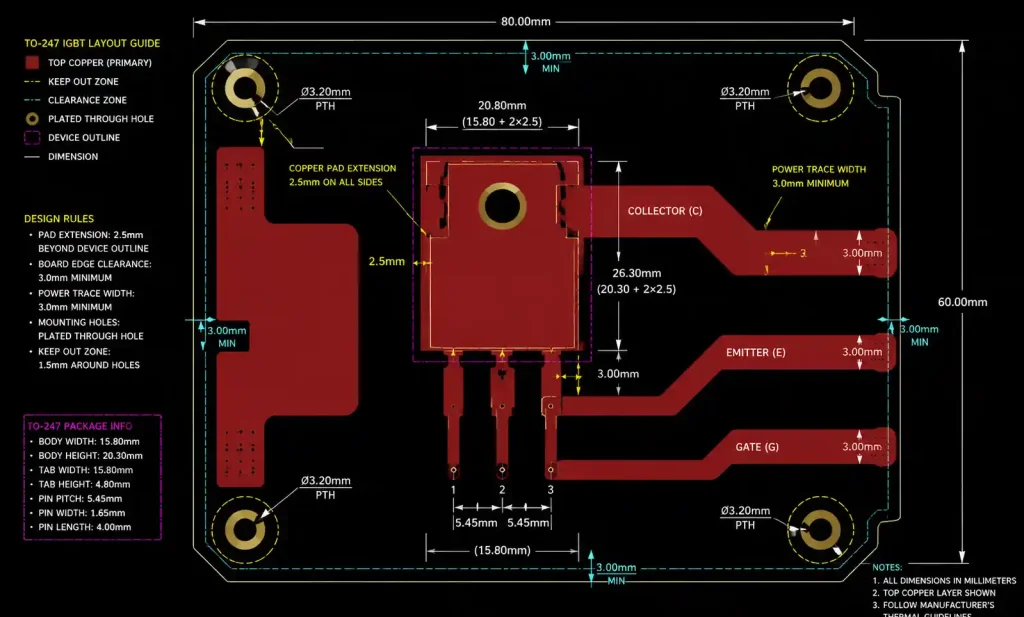TO-247 IGBT mounting pad layout on MCPCB showing copper pad extension clearances and mounting hole positions