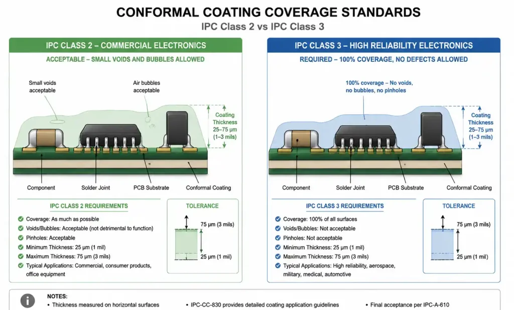 IPC Class 2 vs Class 3 conformal coating coverage requirements diagram
