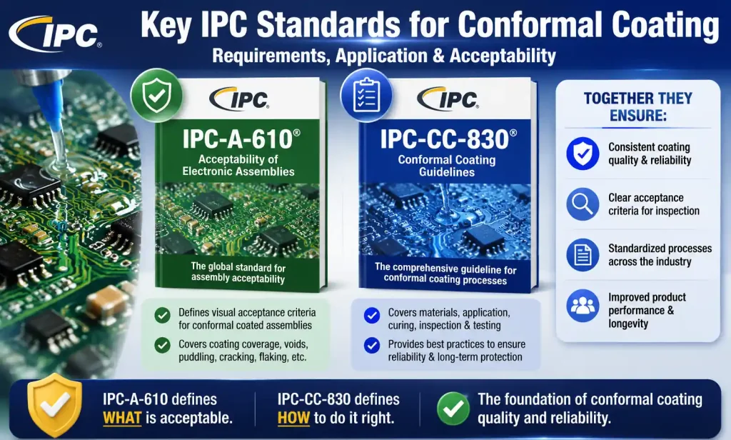 IPC-A-610 and IPC-CC-830 standard documents for conformal coating