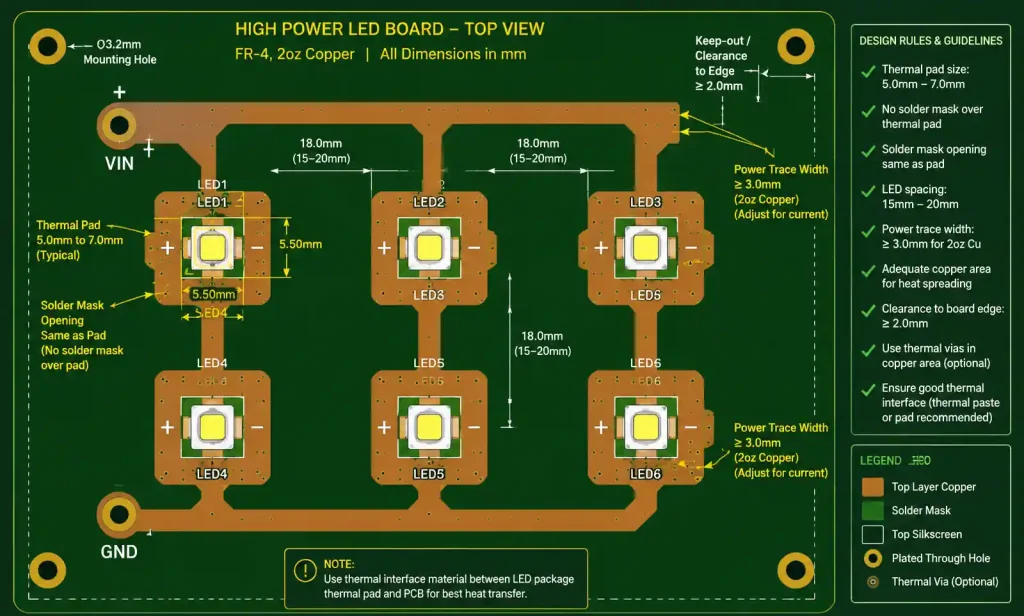 PCB layout showing proper LED thermal pad sizing and copper fill strategy for heat spreading