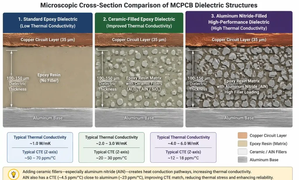 MCPCB dielectric material cross-sections showing ceramic filler distribution