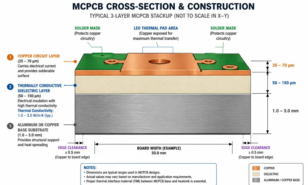 MCPCB layer structure showing copper circuit, dielectric, and metal base