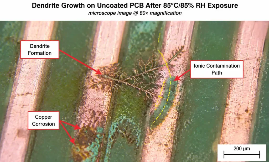 PCB corrosion and electrochemical migration caused by high humidity exposure without conformal coating