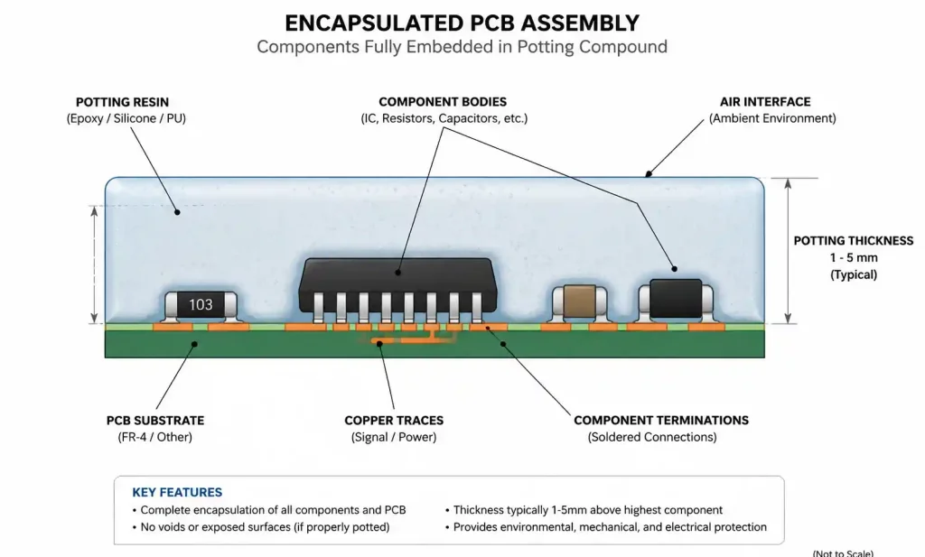 PCB encapsulation cross-section showing potting compound coverage over components and substrate layers