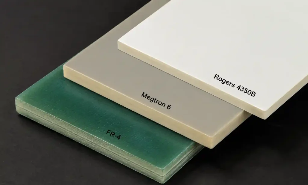 Physical samples of FR-4, Megtron 6, and Rogers 4350B PCB laminate materials side by side