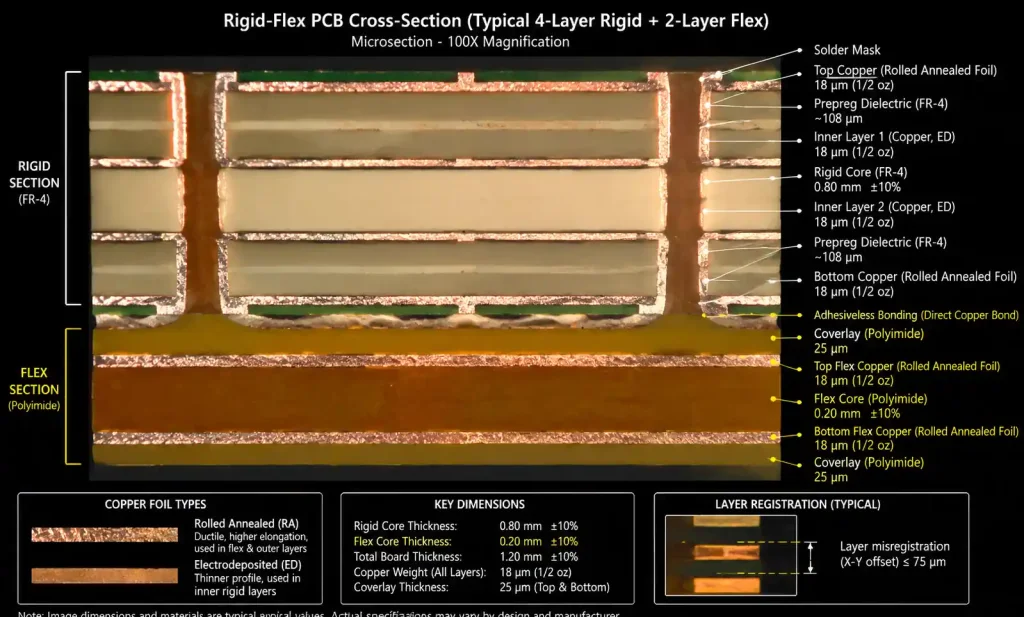 Cross-section microscopy image showing rigid-flex PCB material layers including polyimide flex core and copper foil