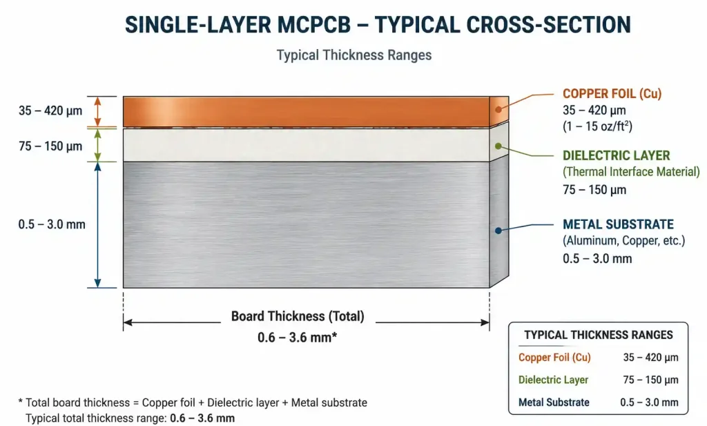 Single-layer Metal Core PCB stack-up with detailed thickness specifications for each layer