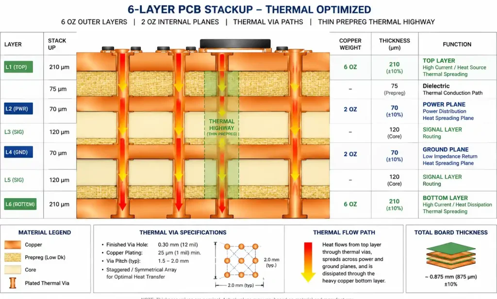 6-layer heavy copper PCB stackup with thermal core design for high-power applications