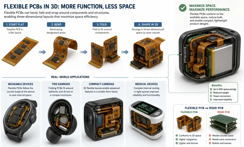 3D rendering of flexible PCB folded into compact three-dimensional configuration