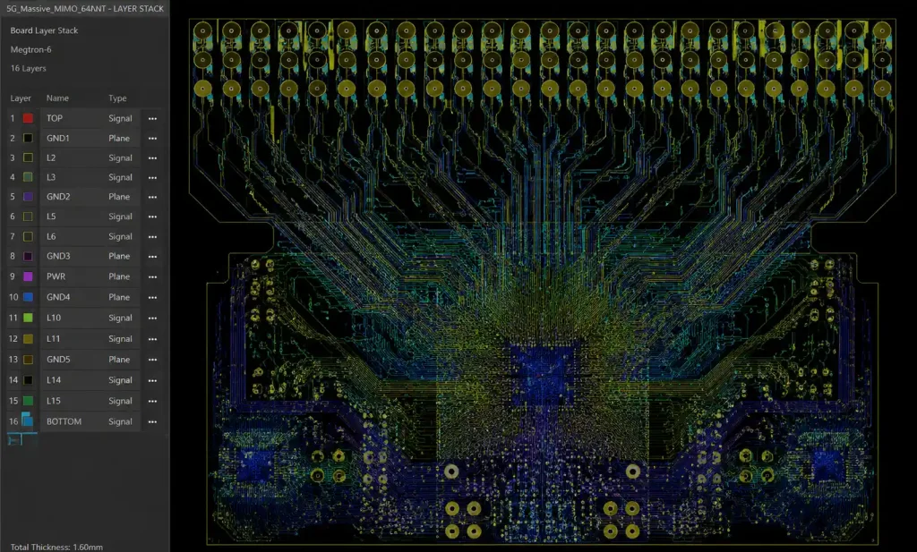 16-layer Megtron 6 PCB stackup for 5G Massive MIMO radio unit showing antenna feed routing