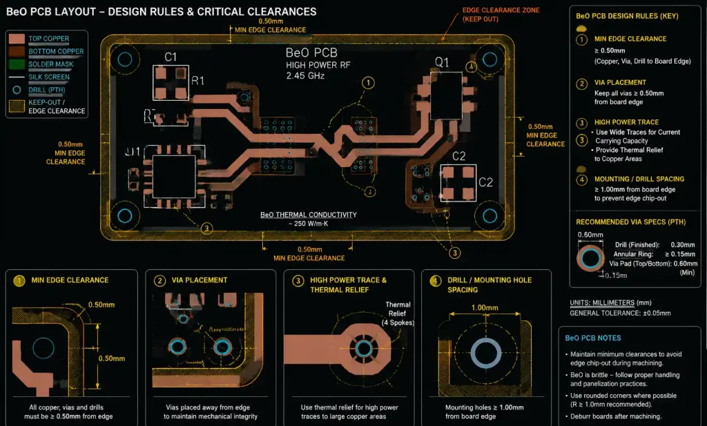 BeO substrate PCB layout showing edge clearance and via placement guidelines