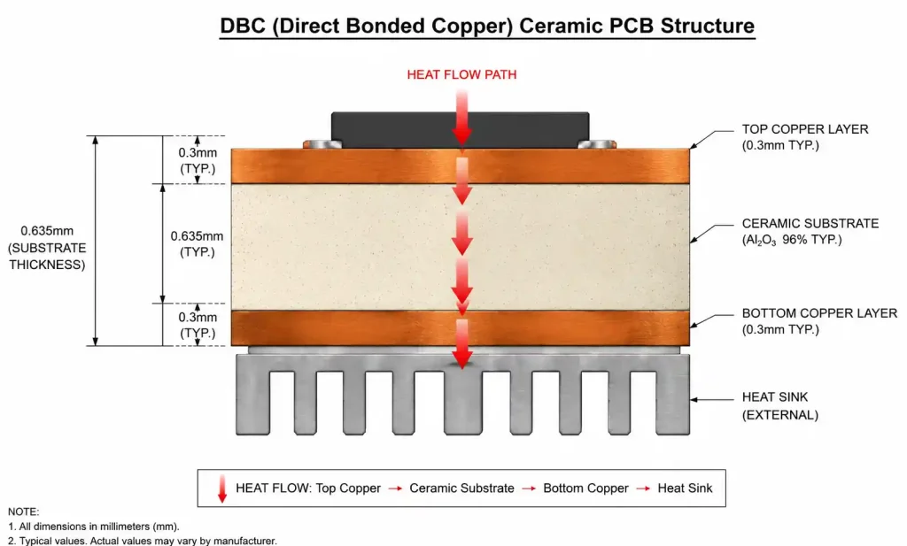 Cross-section diagram of DBC ceramic PCB showing copper layers and substrate