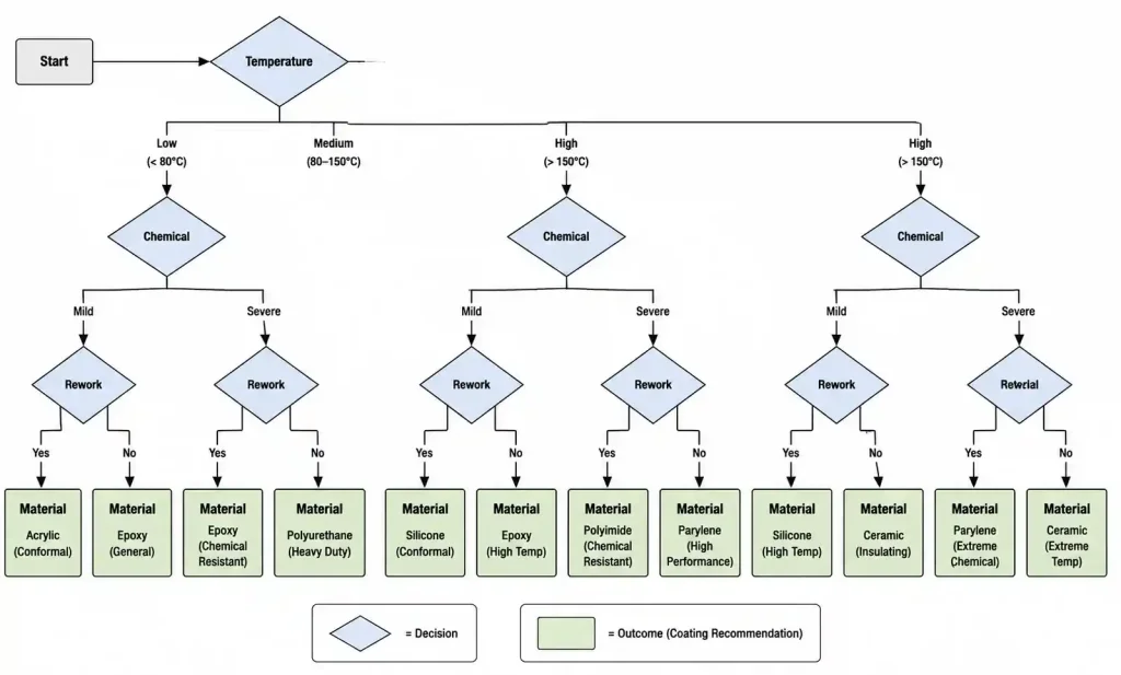Decision flowchart for selecting conformal coating material based on environmental requirements