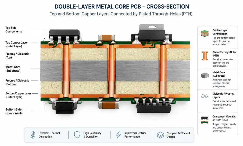 Double-layer MCPCB stack-up showing two copper layers with plated through-holes and thermal conductivity path