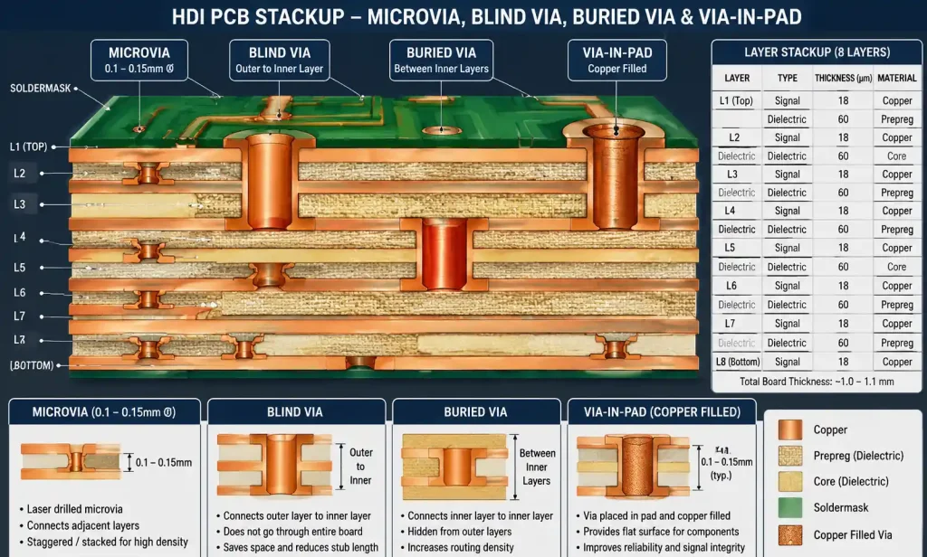 HDI PCB cross-section showing microvia structures, blind vias, and buried vias