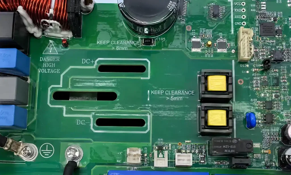 High-voltage isolation spacing and creepage distances on solar inverter PCB