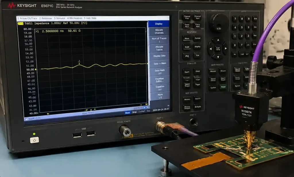Time-domain reflectometer TDR equipment testing controlled impedance on rigid-flex PCB test coupon