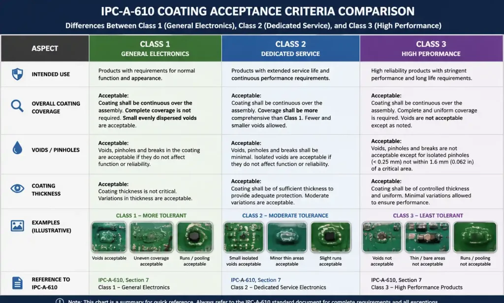 IPC-A-610 Class 1, 2, and 3 comparison chart for conformal coating requirements