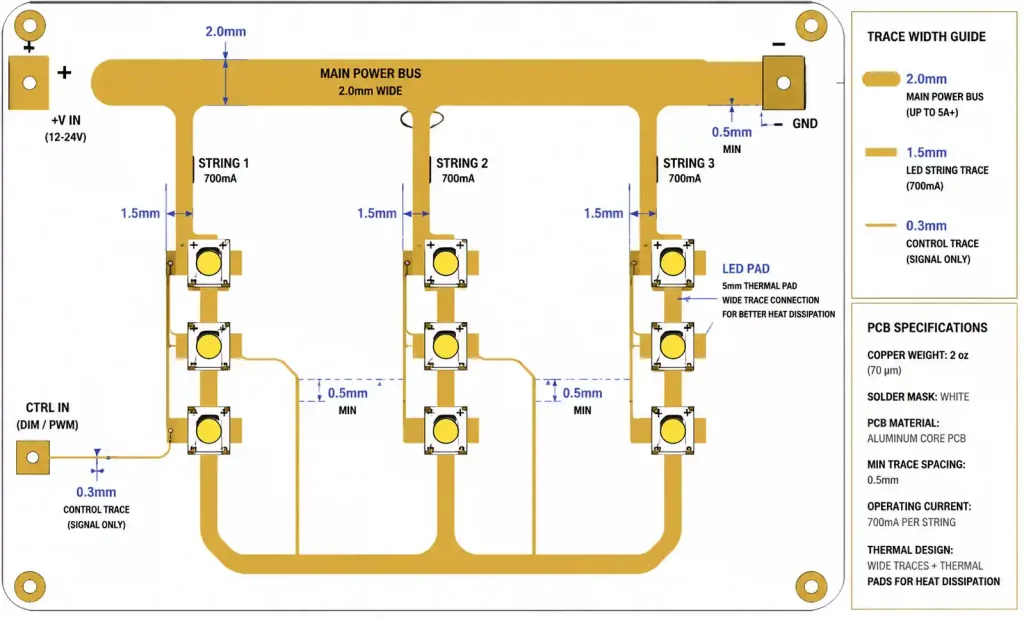 PCB trace width requirements for LED string routing on aluminum PCB