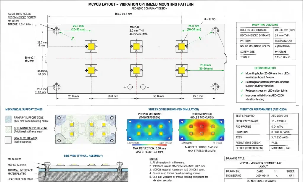 MCPCB mechanical design showing mounting hole placement for vibration resistance