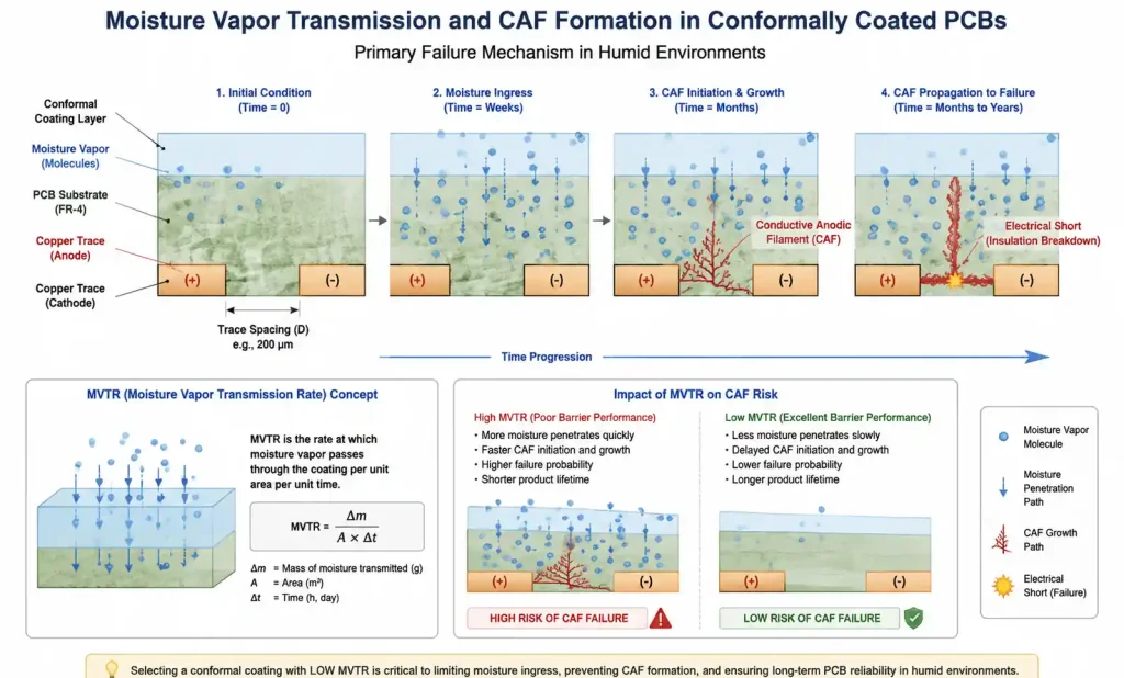 Diagram showing moisture penetration through conformal coating and CAF formation between PCB traces