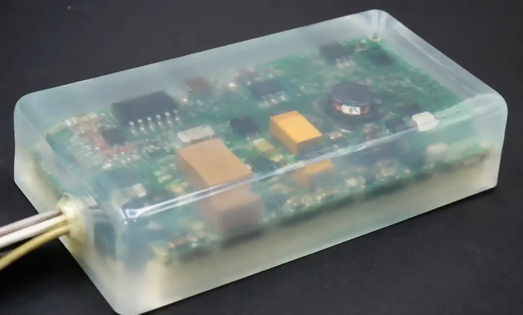 PCB assembly fully potted in clear silicone compound showing complete encapsulation