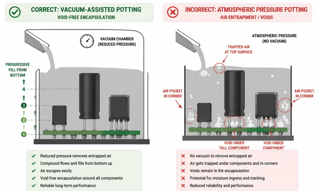 Potting process showing proper vacuum degassing and void formation prevention in PCB encapsulation