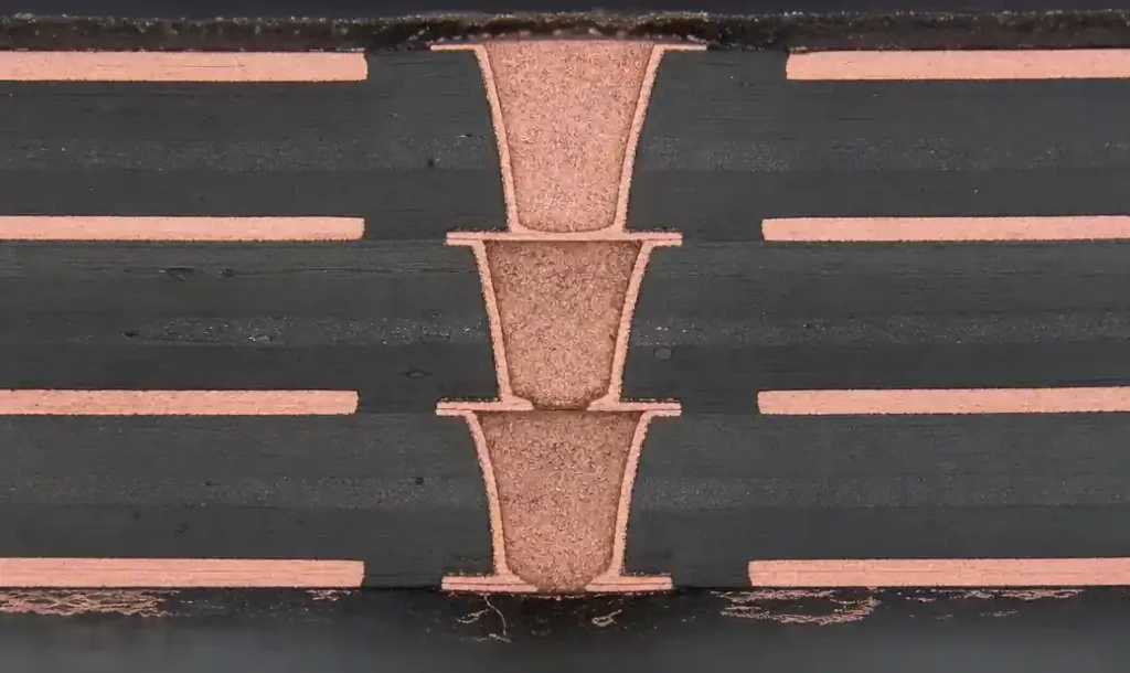 Stacked microvia structure in Type III HDI PCB showing vertical interconnection channels