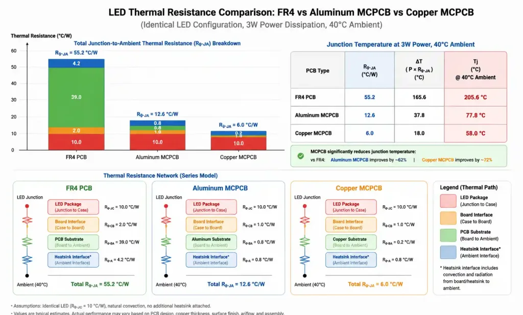 Thermal resistance comparison between FR4 and MCPCB for LED applications