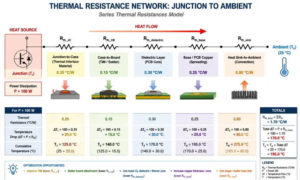Thermal resistance network diagram from IGBT junction to heatsink showing resistance values for each interface layer