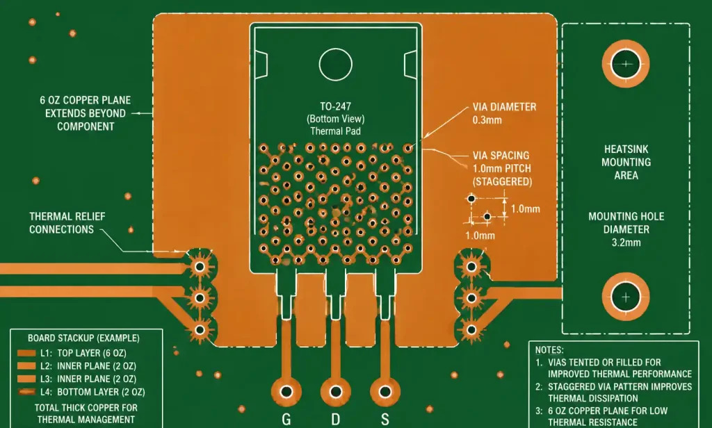 Thermal via array design under power semiconductor component on heavy copper PCB