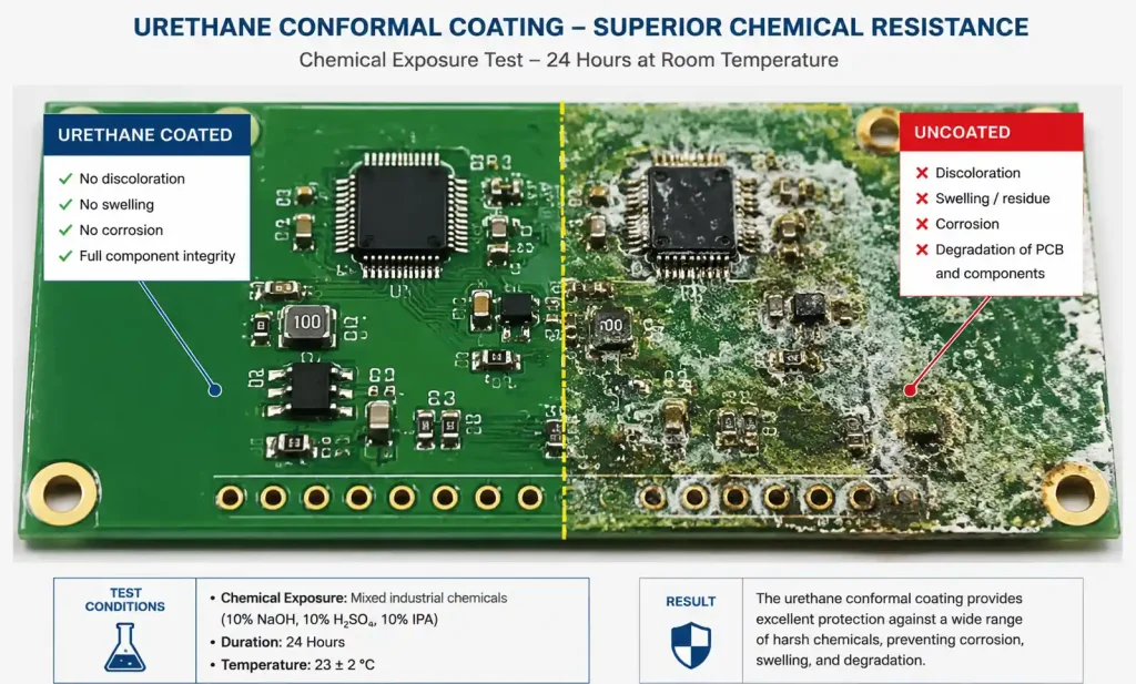 Urethane conformal coating protecting PCB from chemical exposure