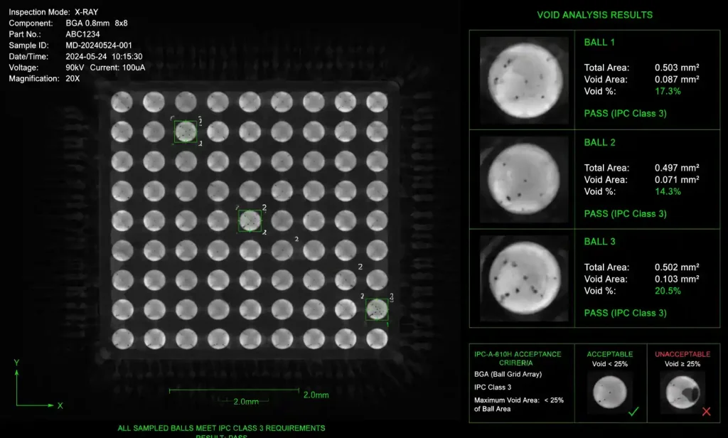X-ray image of BGA solder joints showing void analysis for Class 3 medical PCB assembly