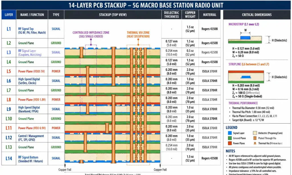 PCB substrate materials for 5G showing FR4, Rogers RO4835, and PTFE-based laminates with dielectric properties