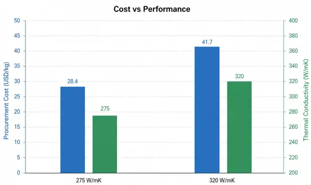 Cost versus performance analysis chart for AlN substrate grades