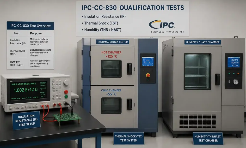 Laboratory testing equipment for conformal coating qualification per IPC-CC-830
