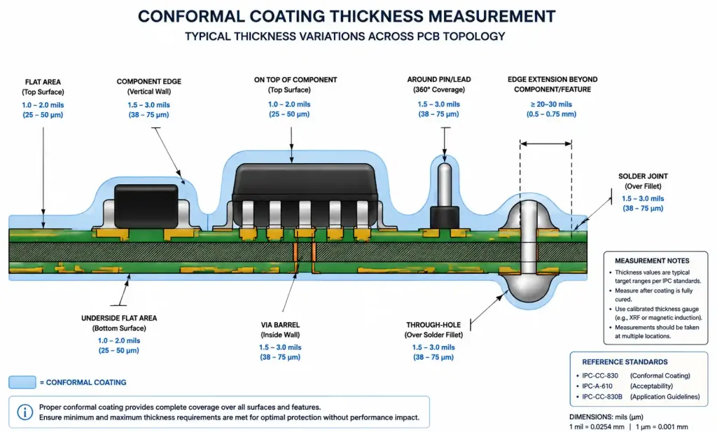 Conformal coating thickness measurement showing proper coverage on PCB components