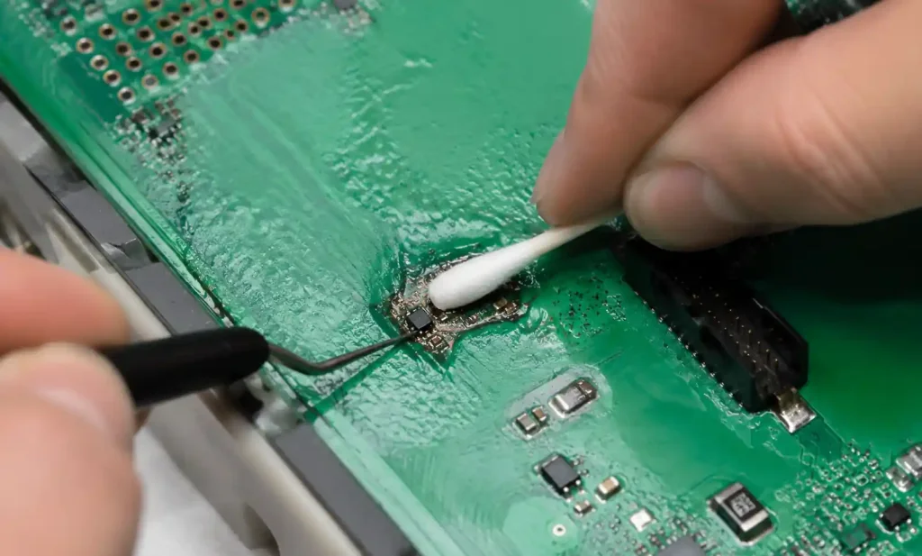 Technician removing conformal coating from PCB for component rework or repair