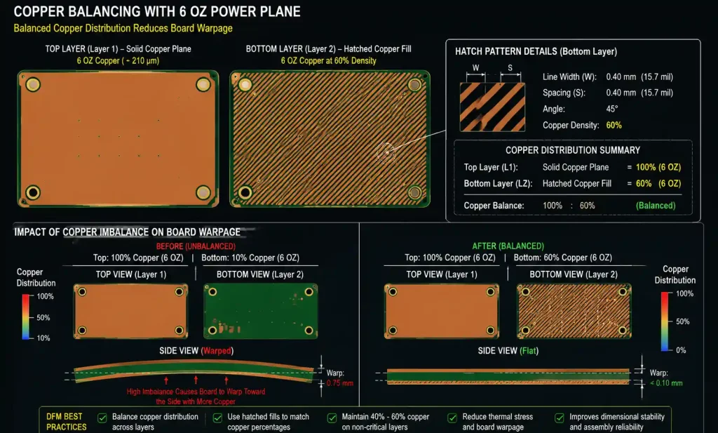 Copper balancing and hatching pattern for 6 OZ heavy copper PCB to prevent warping
