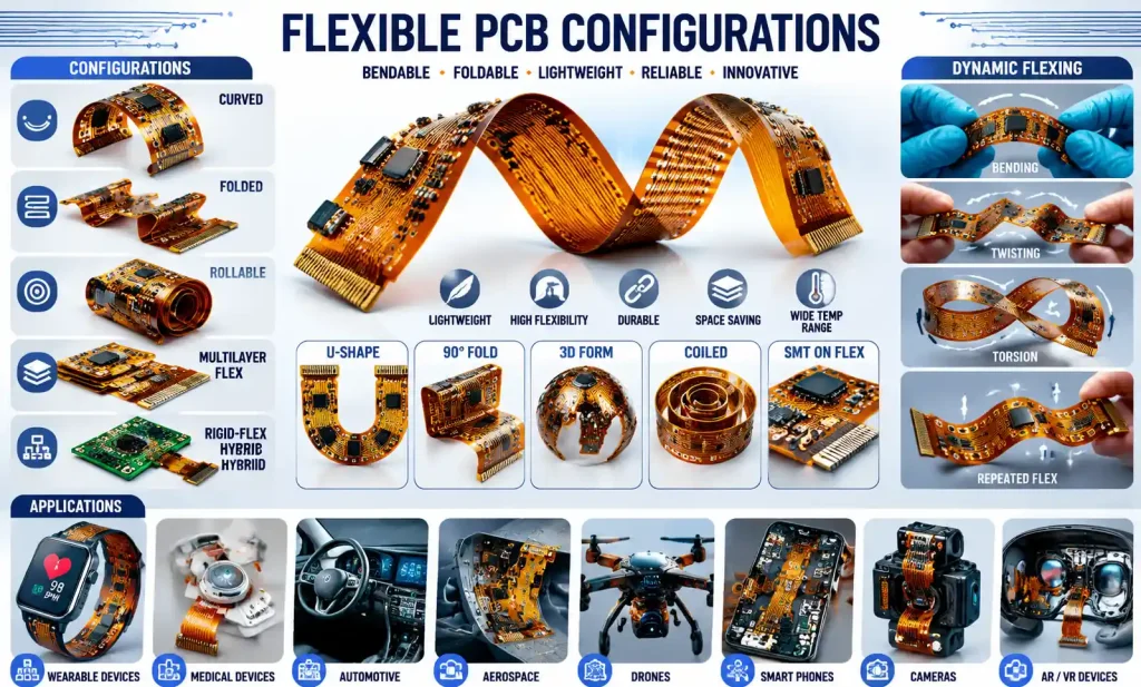 Multiple flexible PCB configurations showing bending, folding, and curved designs