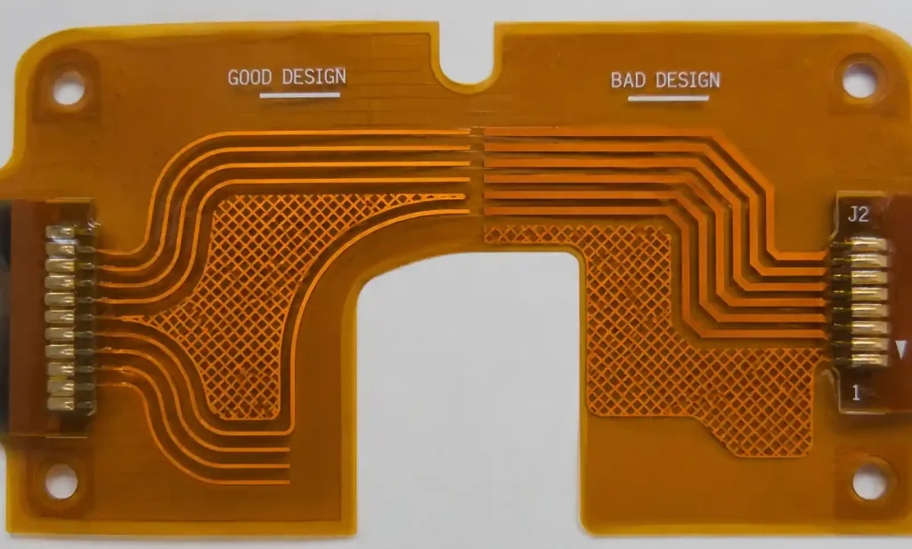 Flexible PCB trace routing patterns showing curved traces versus sharp angles in flex regions