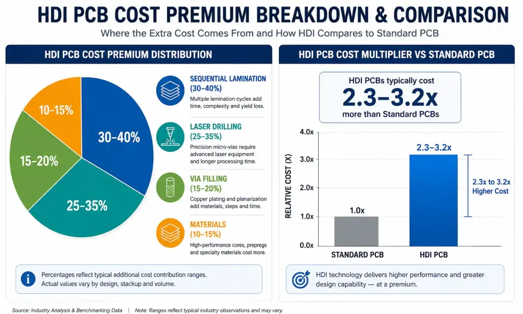 HDI PCB manufacturing cost breakdown pie chart