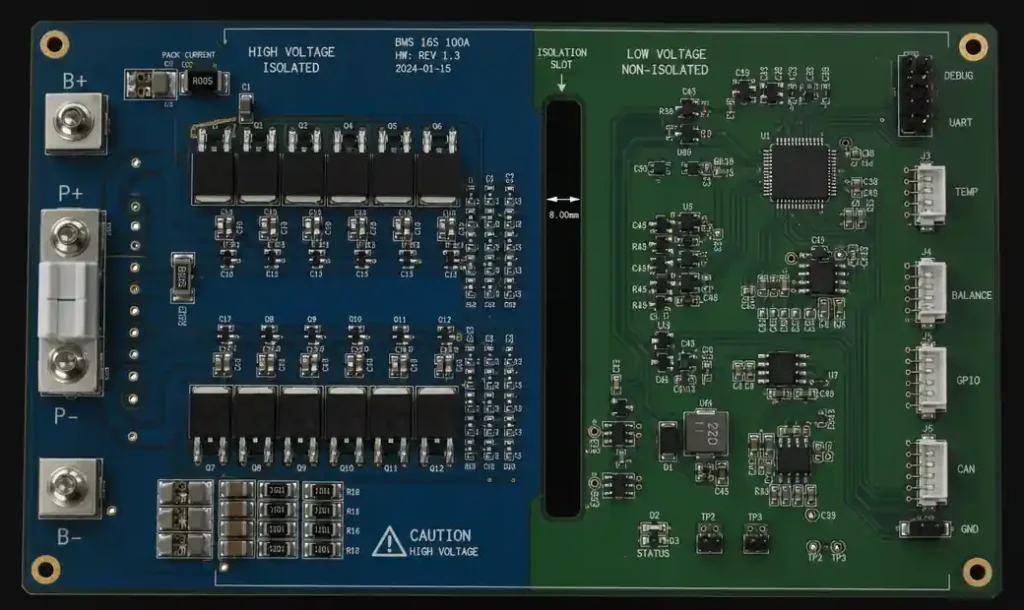 PCB layout showing proper creepage and clearance distances for high-voltage BMS circuits