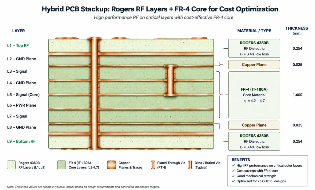 Hybrid PCB stackup diagram with Rogers and FR-4 layers