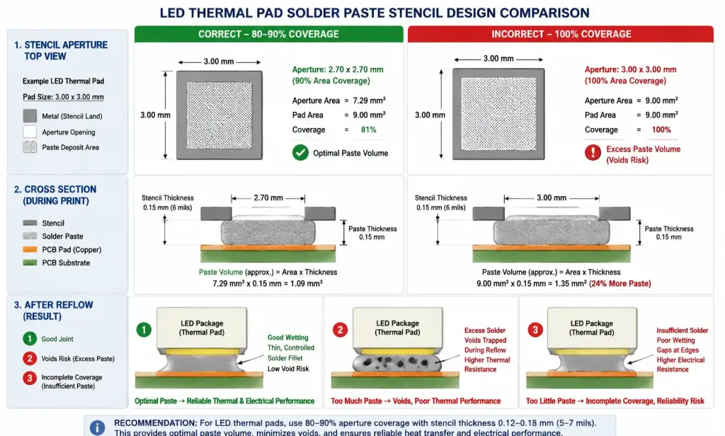 Solder paste stencil aperture design for LED thermal pad showing 80-90 percent coverage pattern