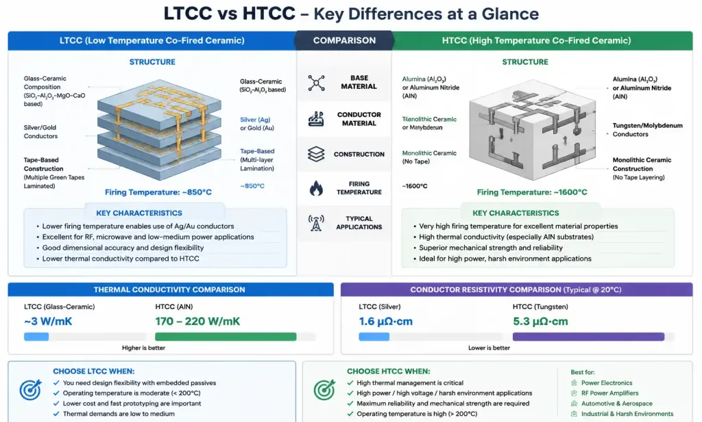 Visual comparison of LTCC and HTCC ceramic PCB material properties including thermal conductivity and conductor types