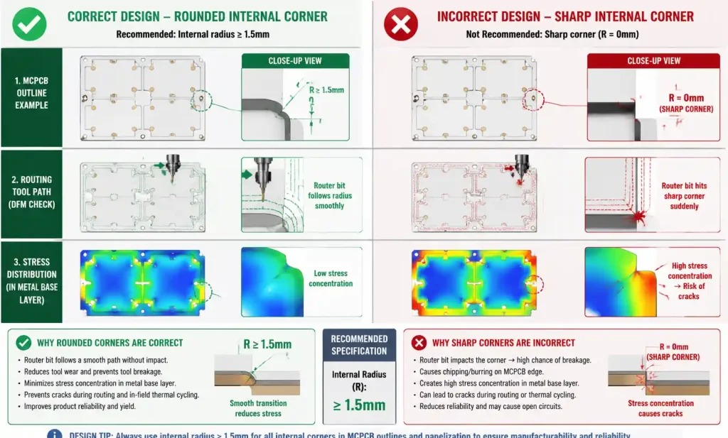MCPCB board outline design examples showing correct and incorrect internal corner radius for routing