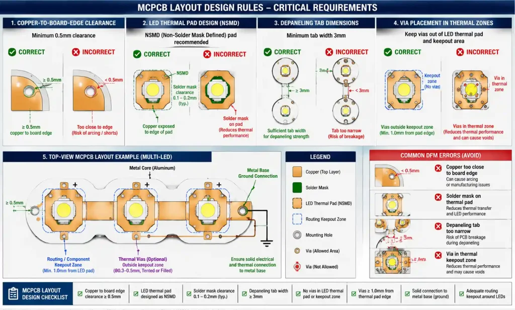 MCPCB design rules showing copper clearance and thermal pad layout
