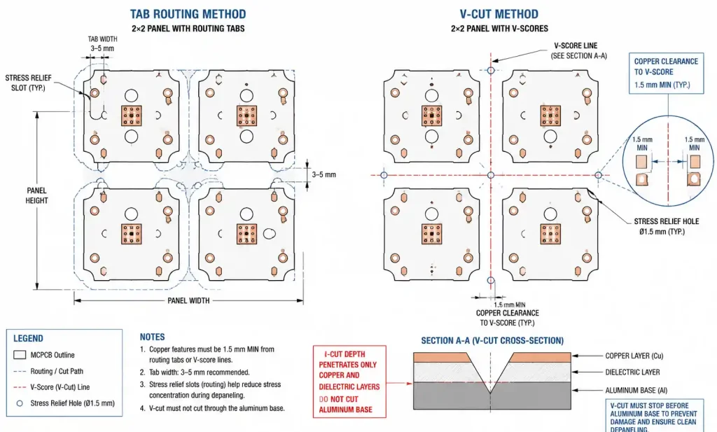 MCPCB panelization showing tab routing and V-cut methods for depaneling