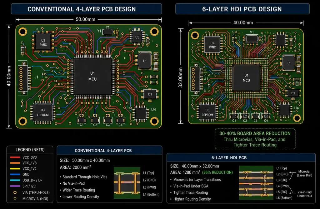 PCB layout comparison conventional versus HDI routing density for medical device design